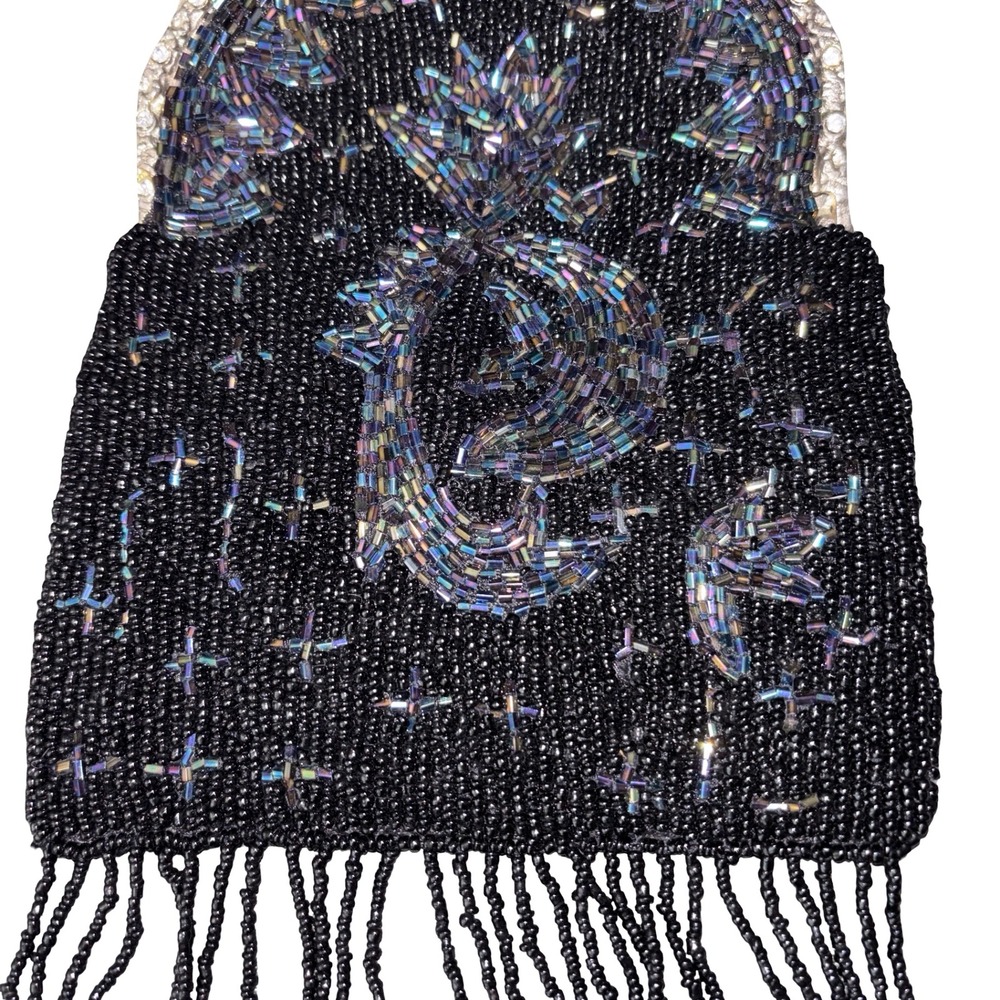 Vintage Beaded Evening Bag Black Iridescent Celestial Kiss Lock Fringe Purse - Picture 2 of 5